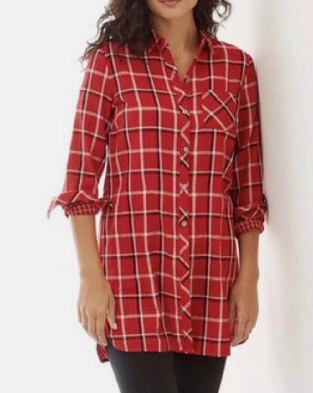 J. Jill Red Perfect Plaid Double Cloth Tunic Top Button Down Size M 100% Cotton
